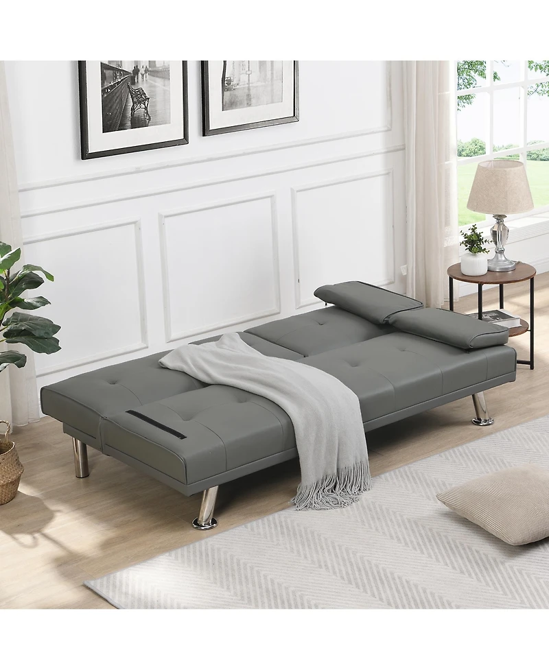 Rainsken Convertible Loveseat Futon Sofa Bed, Reversible Sleeper Daybed with Dual Cup Holders, Wood Frame and Stainless Steel Legs for Living Room