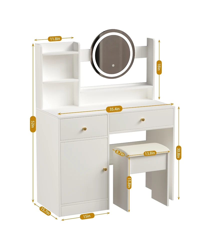 Rainsken Vanity Desk with Mirror and Lights for Makeup, Dressing Table Set with Cushioned Chair, 2 Drawer and 1 Storage Cabinet for Bedroom