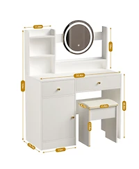 Rainsken Vanity Desk with Mirror and Lights for Makeup, Dressing Table Set with Cushioned Chair, 2 Drawer and 1 Storage Cabinet for Bedroom