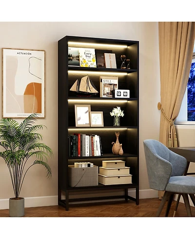 Rainsken 5-Layer Bookshelf, Heavy Duty Free-Standing Bookcase with Led Lighting, Storage Shelves for Living Room, Home Office