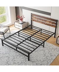 flynama Platform Bed Rustic Wood Headboard Metal Slats Storage