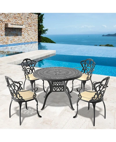 Clihome 5-Piece Outdoor Dining Set for 4, 39.37" Cast Aluminum Round Patio Table and Chairs