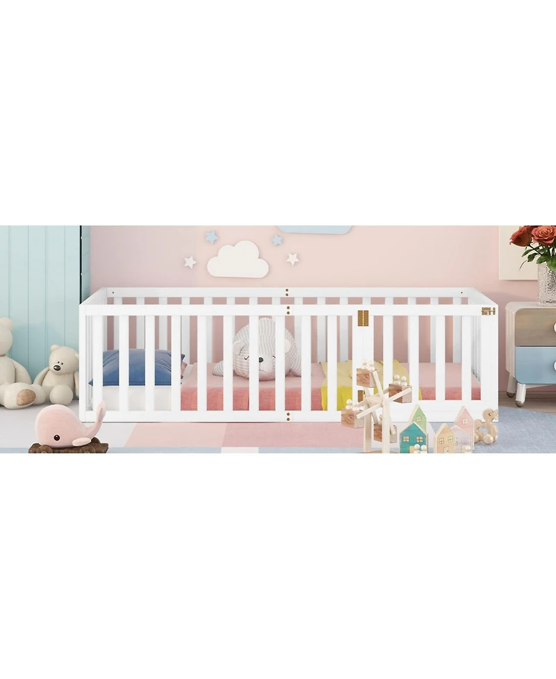 flynama Twin Size Wood Floor Bed Frame with Surrounding Fence Removable Door and Open Row Design