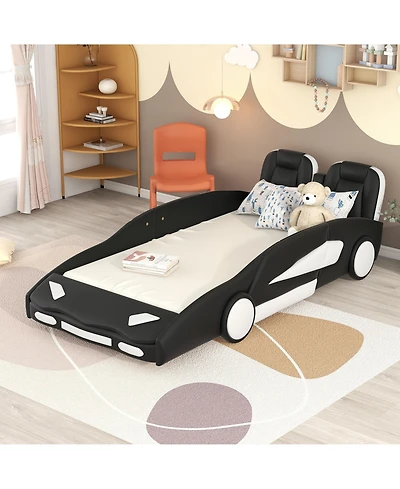 flynama Twin Size Race Car Shaped Platform Bed with Side Rails Support Wheels and Two Seat Design