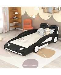 flynama Twin Size Race Car Shaped Platform Bed with Side Rails Support Wheels and Two Seat Design