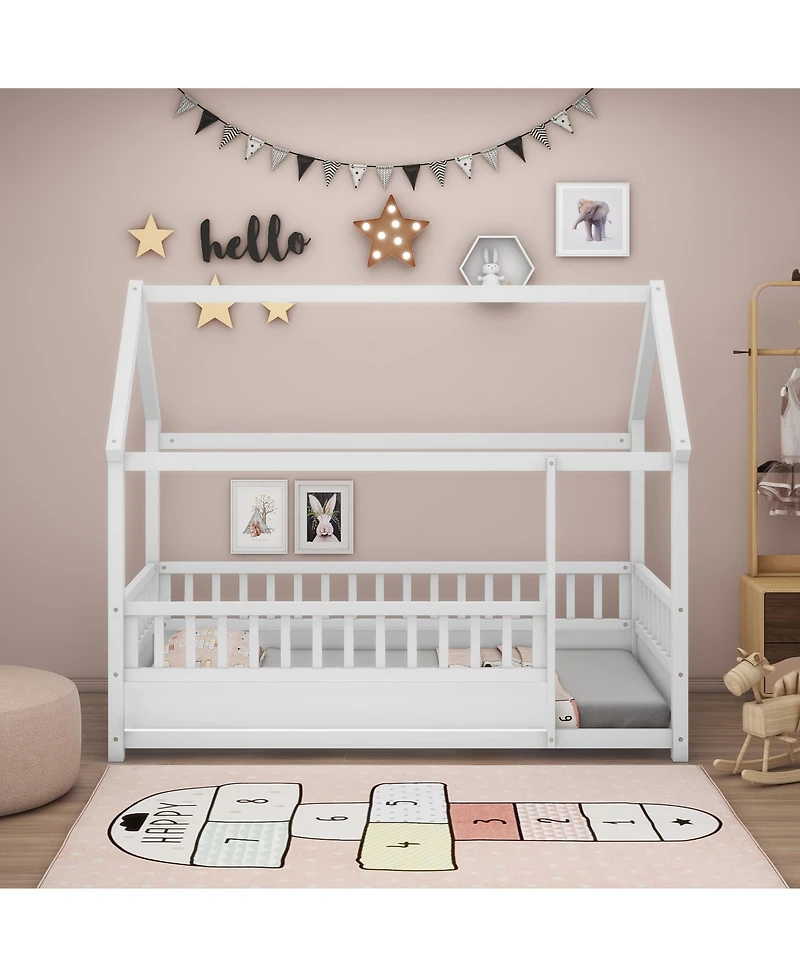 flynama Twin Size Wood Floor Bed House Roof Frame Fence Guardrails Pine Wood