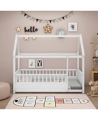 flynama Twin Size Wood Floor Bed House Roof Frame Fence Guardrails Pine Wood