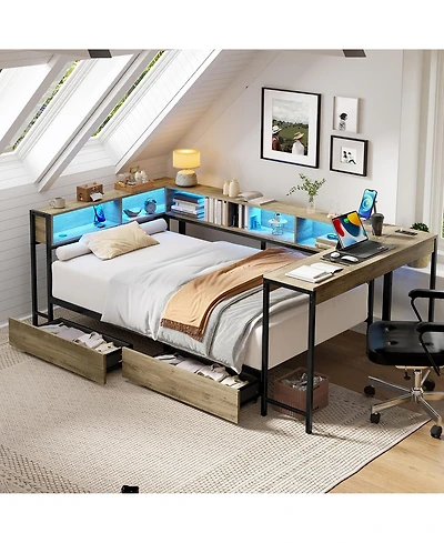flynama Corner Bed Frame With Bookcase Led Lights Charging Station 2 Storage Drawers