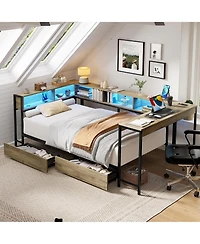 flynama Corner Bed Frame With Bookcase Led Lights Charging Station 2 Storage Drawers