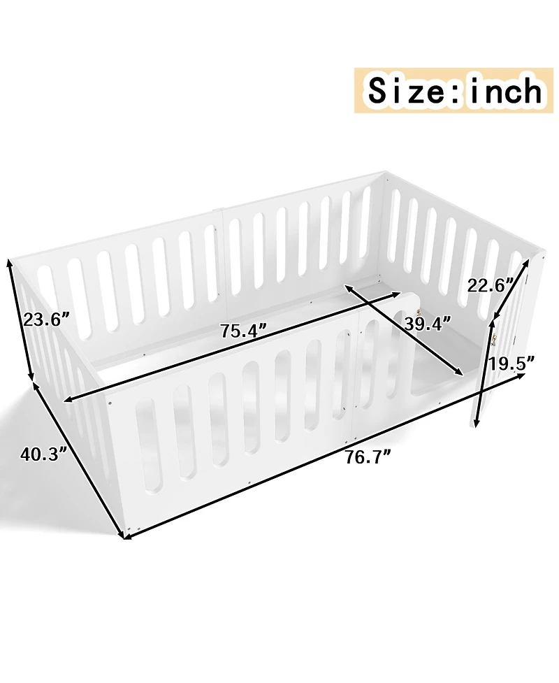 Rainsken Twin Size Floor Bed, Solid Wood Kids Bed Frame with High Fence and Door, Modern Low-Profile Design for Boys Girls, No Box Spring Required