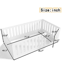 Rainsken Twin Size Floor Bed, Solid Wood Kids Bed Frame with High Fence and Door, Modern Low-Profile Design for Boys Girls, No Box Spring Required