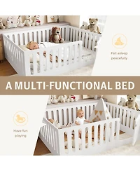 Rainsken Solid Wood Floor Bed, Sturdy Kids Bed Frame with Full Guardrails and Door, Low-Profile Design for Boys Girls, No Box Spring Needed