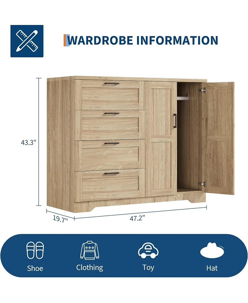 gaomon 43.3'' H Armoire Wardrobe Closet with 4 Drawers and 2 Doors, Hanging Rod, Multifunctional Wooden Dresser Storage Closet, Bathroom Cabinet.