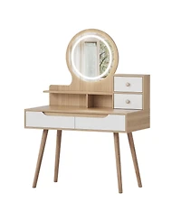 Rainsken Makeup Vanity Desk with Adjustable Lighted Mirror, Dressing Table with Solid Wood Table feet, 3 Open Shelves and 2 Large Drawers for Bedroom