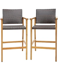 sumyeg Set of 2 Outdoor Pe Wicker Bar Chairs with Acacia Armrests