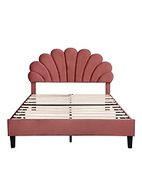 flynama Upholstered Platform Bed Flower Pattern Velvet Headboard Bean Paste Red No Box Spring Needed