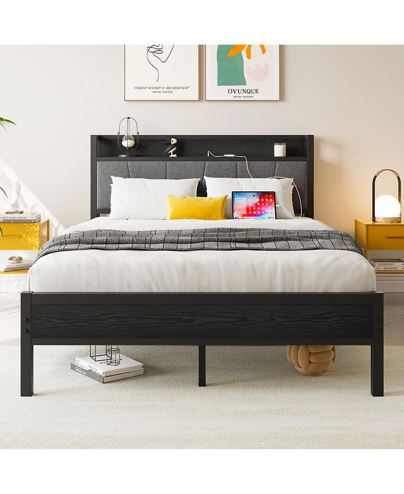 flynama Bed Frame Storage Headboard Charging Station Easy Assembly