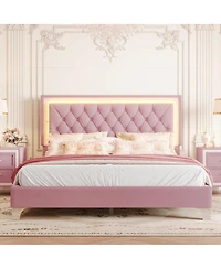 flynama Queen Size Velvet Upholstered Bed With Led Lights Tufted Headboard No Box Spring