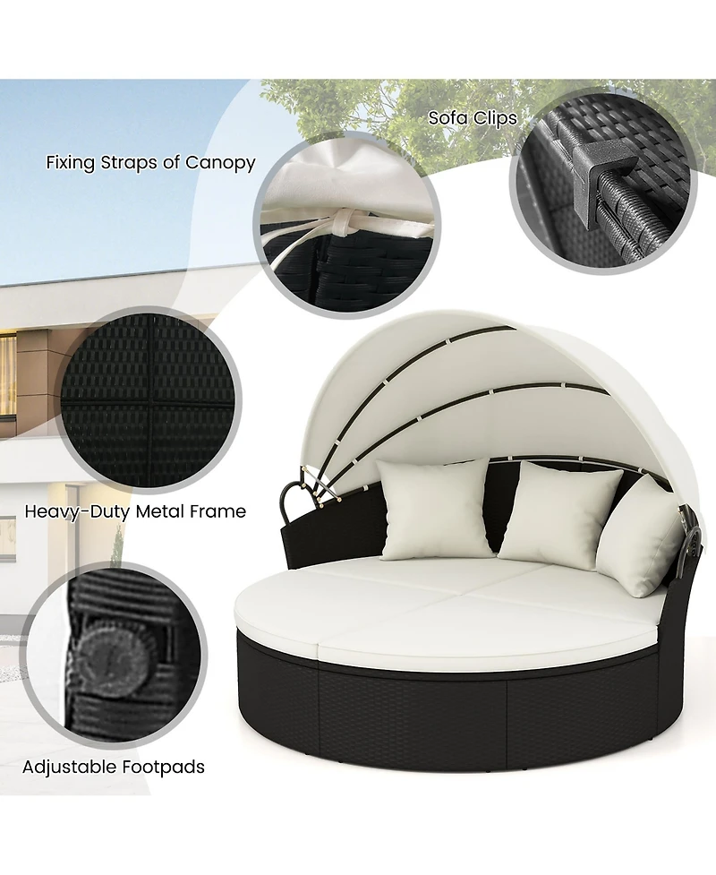 Gymax Patio Round Daybed Wicker Daybed w/ Retractable Canopy Separated Seating Sectional Sofa