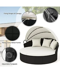 Gymax Patio Round Daybed Wicker Daybed w/ Retractable Canopy Separated Seating Sectional Sofa