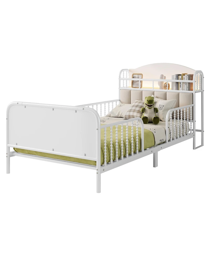 flynama Metal Platform Bed With Led Light Velvet Upholstered Headboard Storage