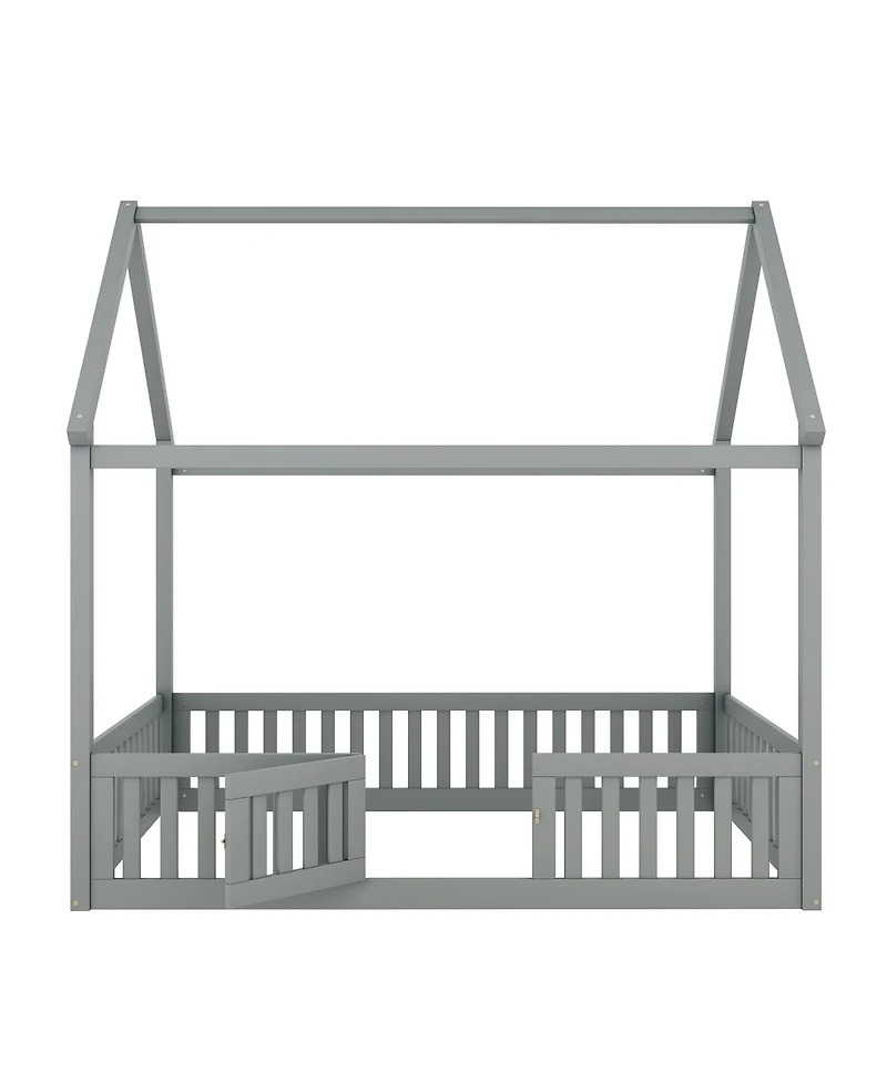 flynama Wood House Bed With Fence Door Gray Distressed Washed Pine Wood Mdf