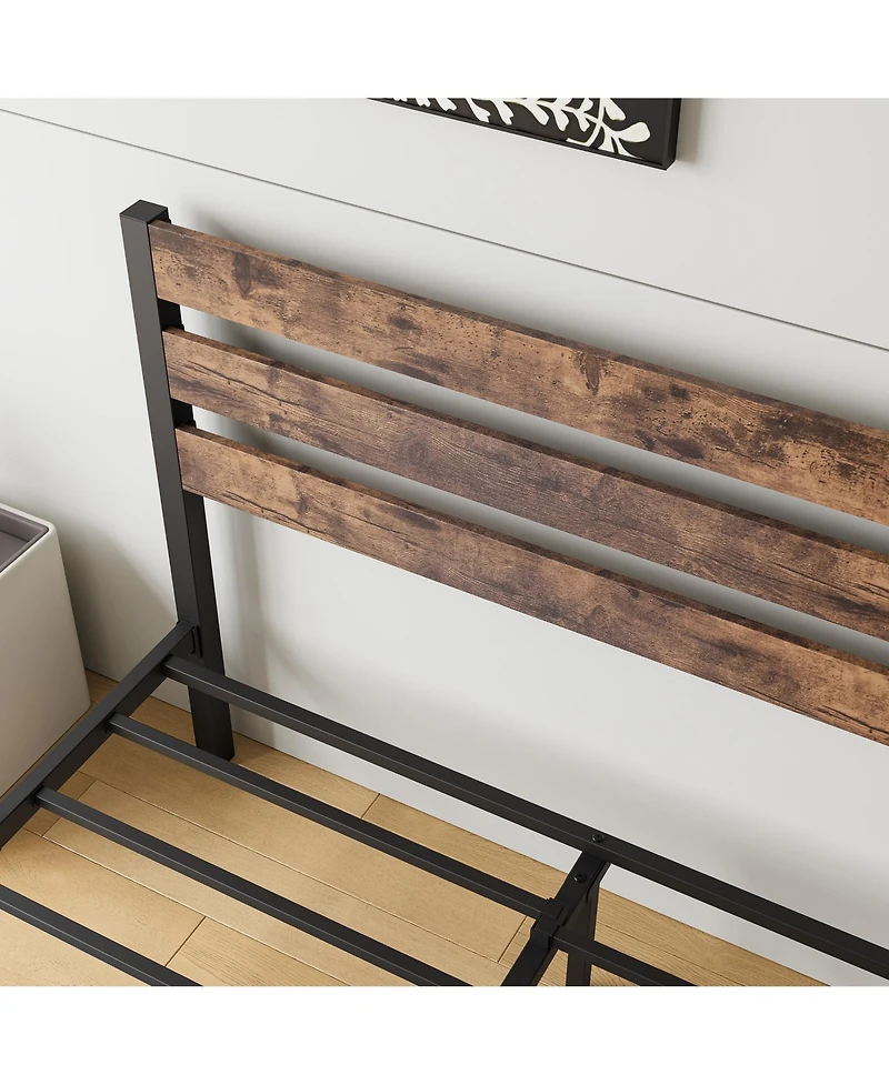 flynama Platform Bed Rustic Wood Headboard Metal Slats Storage