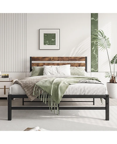 flynama Platform Bed Rustic Wood Headboard Metal Slats Storage
