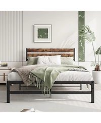 flynama Platform Bed Rustic Wood Headboard Metal Slats Storage