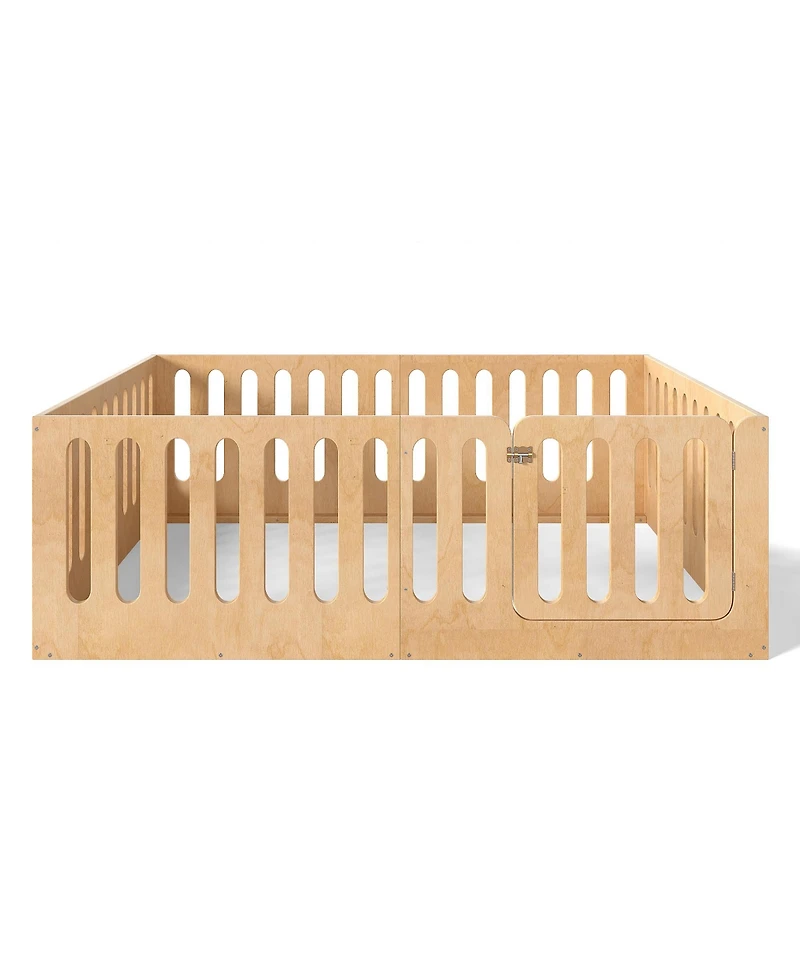 Rainsken Kids Floor Bed, Solid Wood Frame with High Fence and Door, Low-Profile Montessori Bed for Boys Girls, No Box Spring Needed