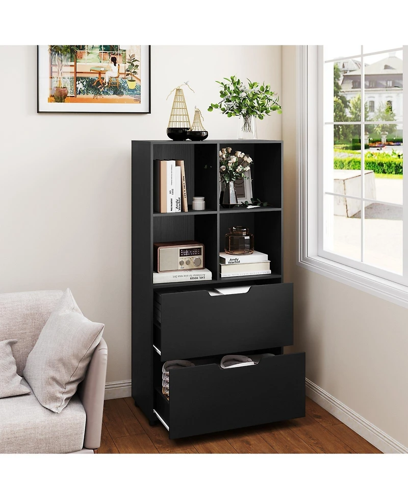 Slickblue 51 Inch Tall 5 Tier Bookcase with 4 Cubes and 2 Storage Drawers