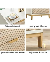 Rainsken 3-Drawer Bedside Table, Wooden Nightstand with Gold Metal Frame and Adjustable Invisible Foot Pads for Bedroom