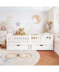 Rainsken Twin Size Low Bed Frame, Wood Kids Platform Bed with Storage Drawers and Full-length Guardrails for Girls Boys, No Box Spring Needed