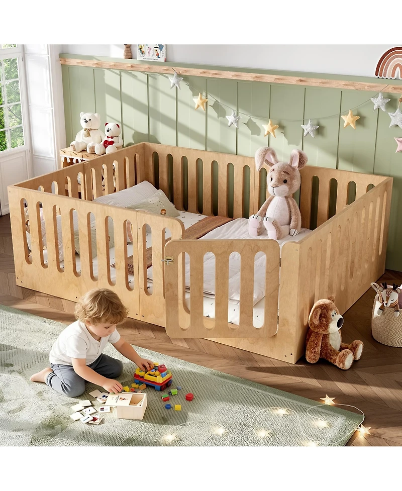 Rainsken Queen Size Kids Floor Bed, Solid Wood Bed Frame with High Side Fence and Door, Children's Sleep Bed for Boys Girls, No Box Spring Required