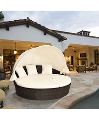 Gymax Cushioned Patio Rattan Round Daybed w/ Adjustable Table 3 Pillows Canopy