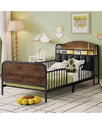 Rainsken Twin Size Metal Platform Bed with Led Light, Upholstered Storage Headboard and Low Profile Design for Kids Boys Girls