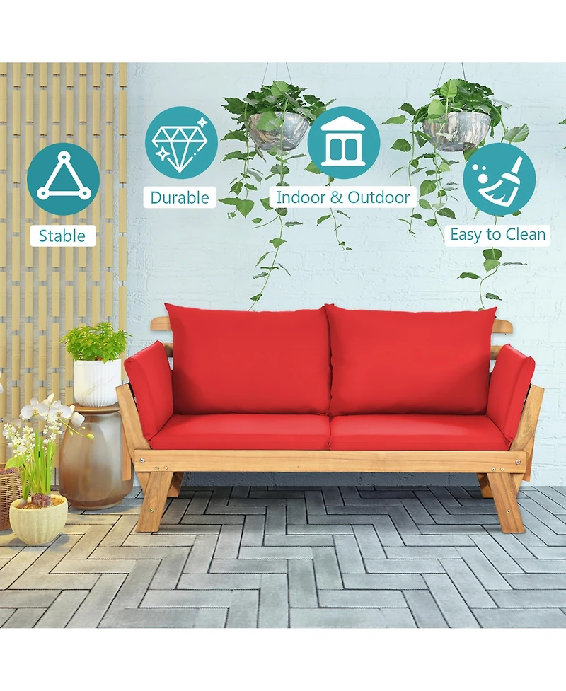 Gymax Adjustable Patio Sofa Daybed Acacia Wood Furniture w/ Cushions