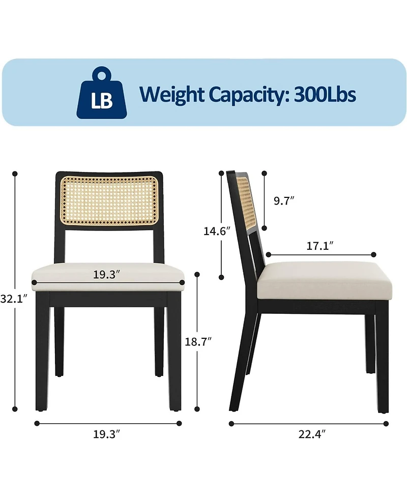 gaomon Rattan Dining Chairs Set of 2,French Country Upholstered Dining Chairs Wood Frame,Rattan Backrest,Armless Chair for Kitchen