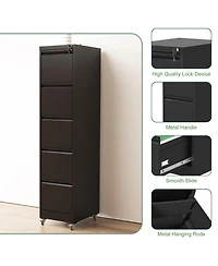Rainsken 5 drawer metal locking file cabinet with wheels for home office, heavy duty storage for letter, legal, and A4 files.