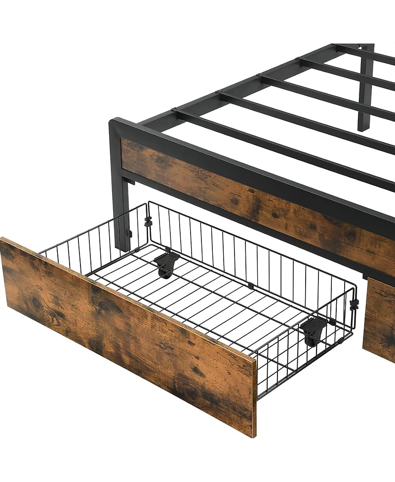 Rainsken Queen Size Heavy Duty Metal Platform Bed Frame with 2 Storage Drawers, Charging Station and Led Light Upholstered Headboard for Bedroom