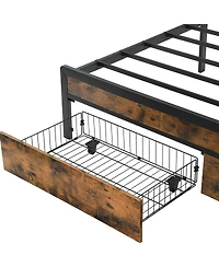 Rainsken Queen Size Heavy Duty Metal Platform Bed Frame with 2 Storage Drawers, Charging Station and Led Light Upholstered Headboard for Bedroom