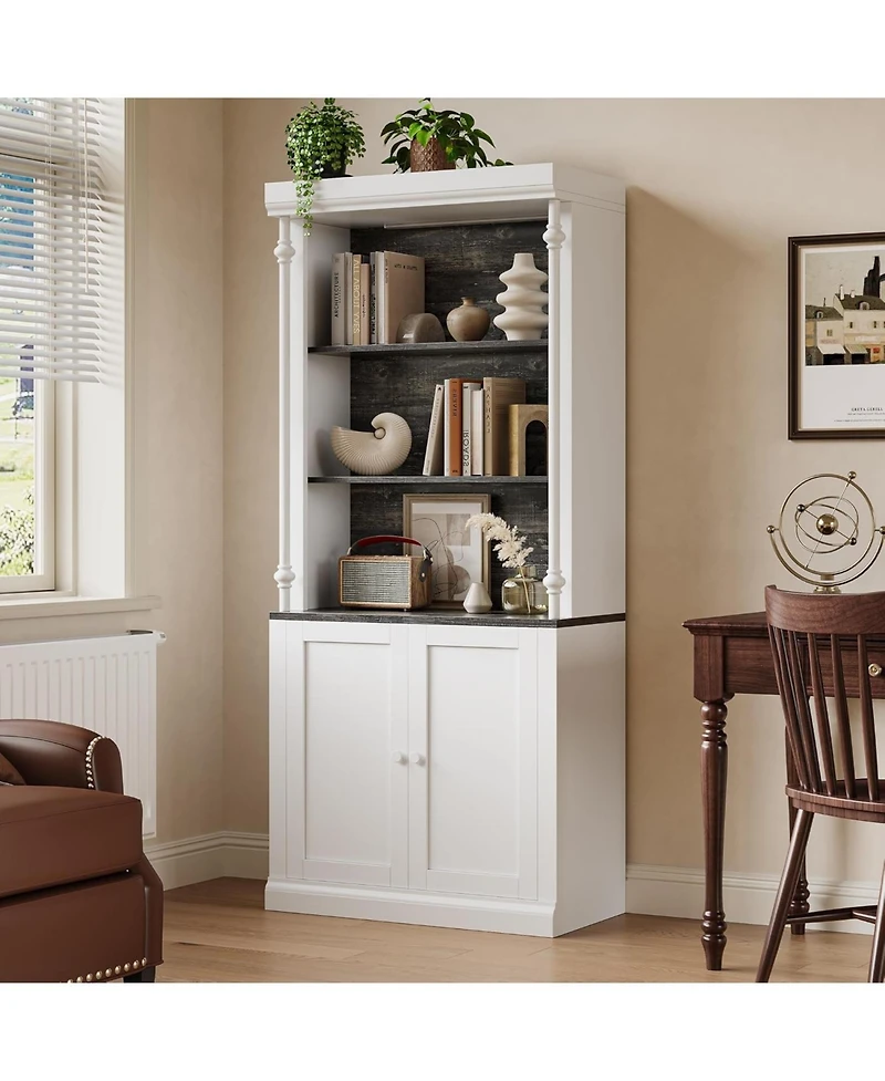 gaomon 5 Tier Tall Adjustable Bookcase, Roman Column Bookshelf with Led Light, Open Shelves & Dual-Door Storage Cabinet Design