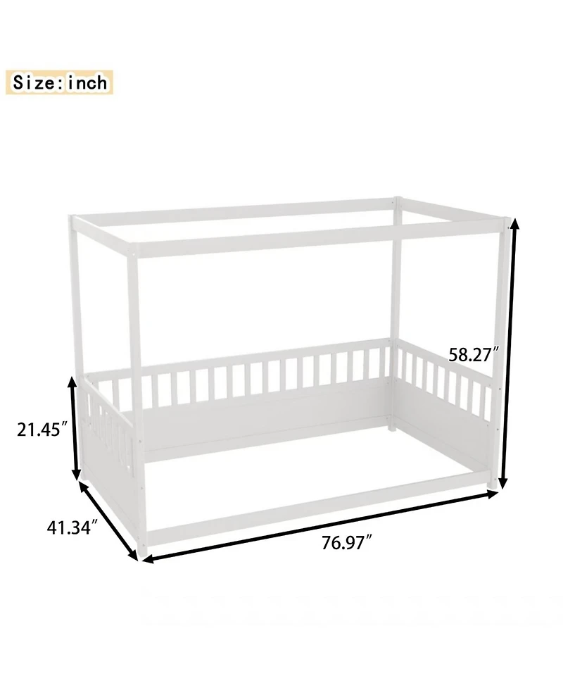 flynama Twin Size Wooden Canopy Floor Bed With Guardrails Four Poster Design For Kids