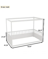 flynama Twin Size Wooden Canopy Floor Bed With Guardrails Four Poster Design For Kids