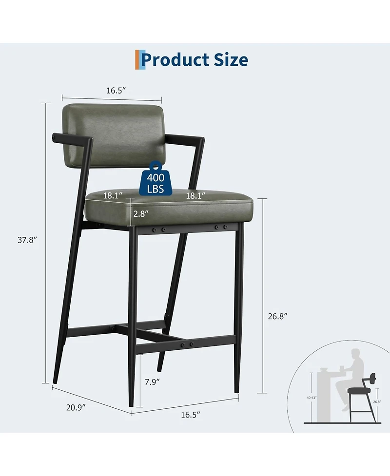 gaomon Bar Stools Set of 4 with Armrests,Counter Height Bar Stools of 4 with Backrest,Footrest,Thick Cushion and Thickened Metal Legs for Island