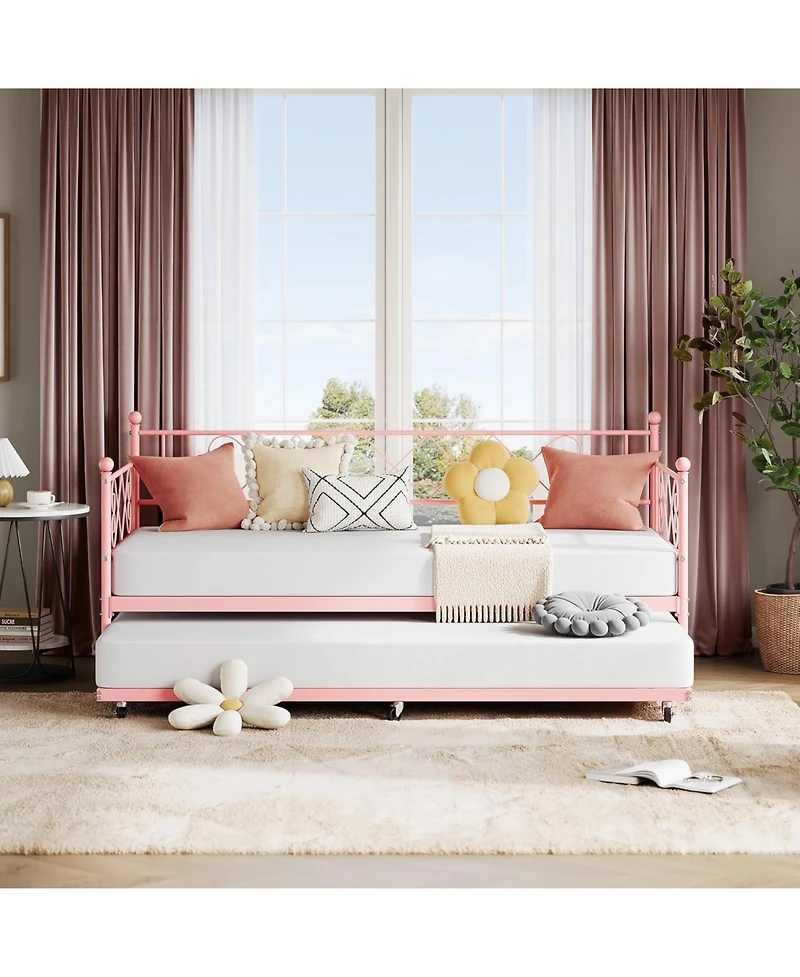 gaomon Daybed with Trundle, Twin Bed with Heart-Shaped Headboard, Sturdy Metal Frame with Slat Support