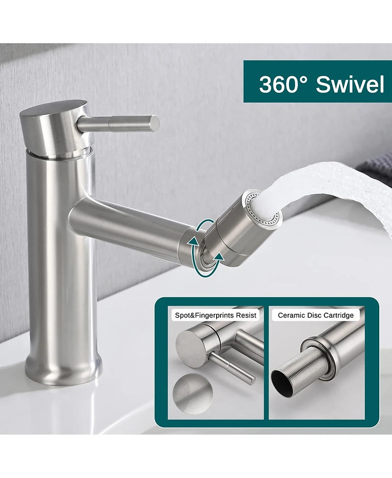 Busdays Brushed Nickle Bathroom Faucet for 2 Mode Faucet for Bathroom Sink with 360degree(s) Rotating Aerator