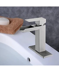 Busdays Brushed Nickel Waterfall Bathroom Faucet, Single Handle, 1/3 Hole with Deck Plate and Overflow Pop-Up Drain