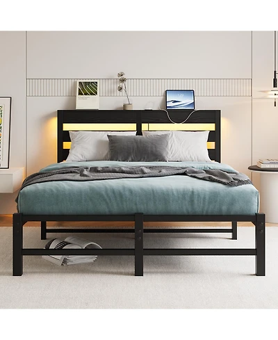 flynama Full Size Metal Bed Wooden Headboard Rgb Lights Charger Storage