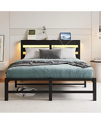 flynama Full Size Metal Bed Wooden Headboard Rgb Lights Charger Storage